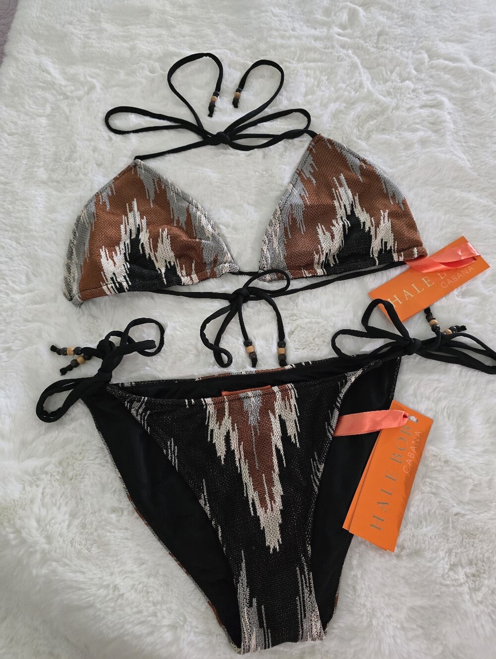 Hale Bob Triangle Tie Bikini Set in Rust, Black, Gray & Cream Ikat Pattern (NWT)